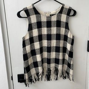 Zara Dressy Plaid Fringe Tweed Gingham Checked Grid Top XS